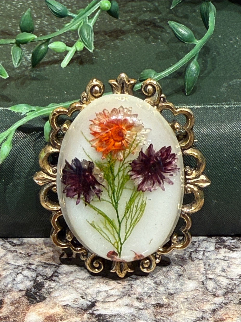 Vintage Floral Resin Cameo Brooch - Orange & Deep Purple Flowers